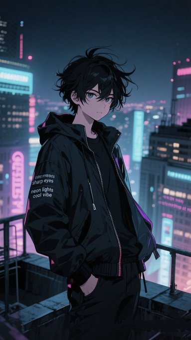 An anime-style illustration of a young man with messy black hair and blue eyes, wearing a black jacket, standing on a rooftop overlooking a neon-lit cyberpunk city at night.