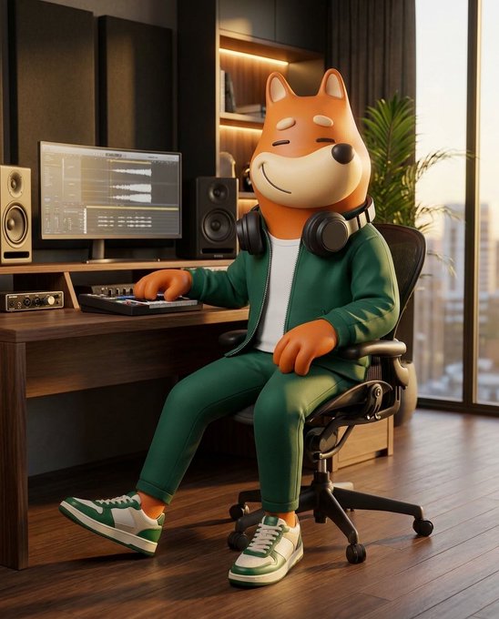 A 3D-rendered Shiba Inu character wearing headphones, a green tracksuit, and green sneakers sits at a music production desk with studio monitors and a computer displaying audio editing software.