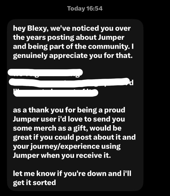 A screenshot of a DM message at 16:54 addressed to 'Blexy' thanking them for being part of the 'Jumper' community and offering free merch in exchange for a post about their experience.
