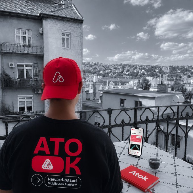 A man wearing a red Atok-branded cap and black t-shirt reading "ATOK – Reward-based Mobile Ads Platform" sits at a balcony table overlooking a cityscape, with a smartphone displaying the Atok app and a red Atok booklet beside a coffee cup. The image visually reinforces the post's message about the $ATOK ecosystem by blending a relaxing morning routine with the brand's utility-driven, reward-based Web3 advertising platform.