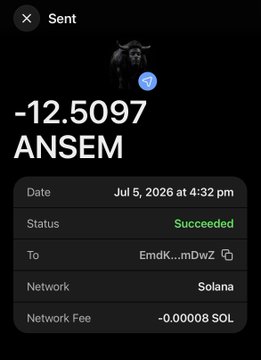 A cryptocurrency transaction confirmation screen showing a sent payment of -12.5097 ANSEM on the Solana network, dated July 5, 2026, with a status of 'Succeeded'.