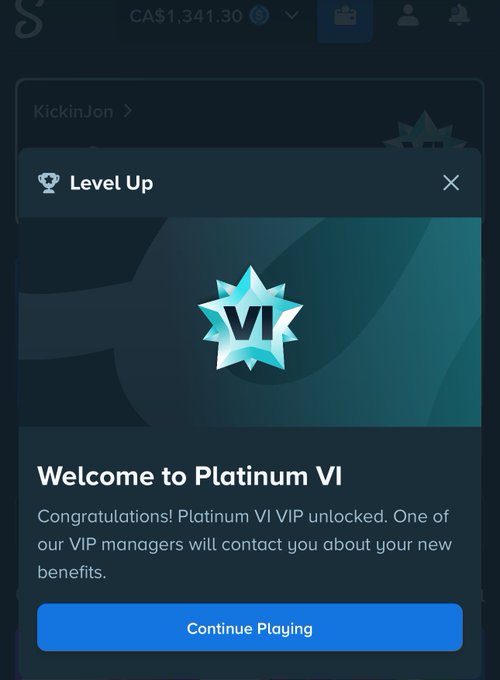 A mobile screenshot shows a "Level Up" notification congratulating user "KickinJon" on reaching Platinum VI, with a C$1,341.30 balance visible at the top—supporting the post's celebration of hitting P6 on Stake.