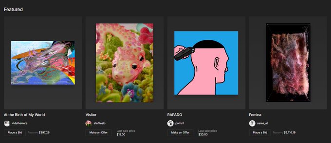 An NFT marketplace 'Featured' section displays four digital artworks: 'At the Birth of My World' by Vishnurra, 'Visior' by staffiasio, 'RAPADO' by pom7 (a cartoon of a head being shaved), and 'Femina' by sarat_at, with prices and bid options.