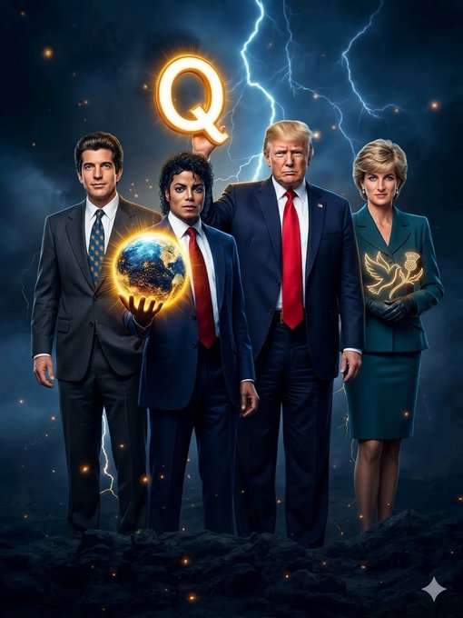 Donald Trump, Michael Jackson, and Princess Diana are depicted holding symbols of the Earth, a dove, and a glowing "Q" amidst a stormy sky. This imagery aligns with the post's message of change and a new system, potentially referencing "QAnon" conspiracy theories and the desired global transformation.