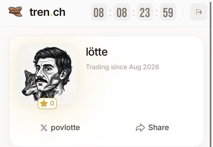 A screenshot of a trading platform profile for 'lötte' on tren.ch, showing a stylized illustration of a man with a wolf, 'Trading since Aug 2026', zero stars, Twitter handle 'povlotte', and a share button.