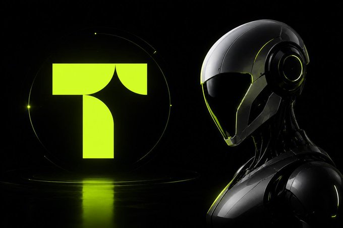 A futuristic black humanoid robot stands beside a glowing neon-green geometric logo, evoking the AI technology behind the post’s promotion of **@tirea_ai**. The image supports the claim that **Tirea AI** is built on **Robinhood’s AI Agent Fuel Network**, with a “**100% fair launch**” and no presale or VC funding.