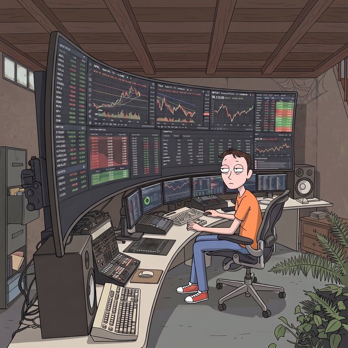 An animated illustration depicts a tired-looking man sitting at a desk in front of multiple curved monitors displaying financial charts and trading data.