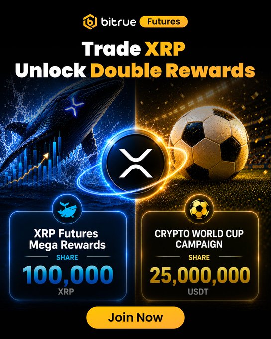 The image features a poster for a cryptocurrency called XRP, which has been gaining attention due to its recent tightening of the market. The poster includes two images - one showing a shark and another depicting a soccer ball. These images are used to represent the XRP coin and the World Cup, respectively. The poster also contains text that promotes trading XRP on Bitrue Futures for potential rewards, with a focus on the XRP coin's recent market activity.