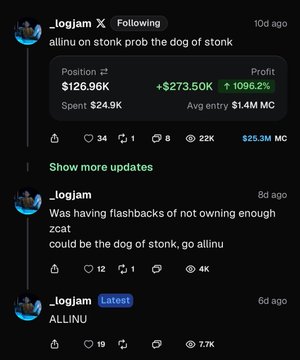A screenshot of cryptocurrency trader @_logjam's posts showing a position on "ALLINU" with a $273.5K gain (1096.2% profit) from a $126.96K entry, alongside his earlier posts about missing out on the token before purchasing it.