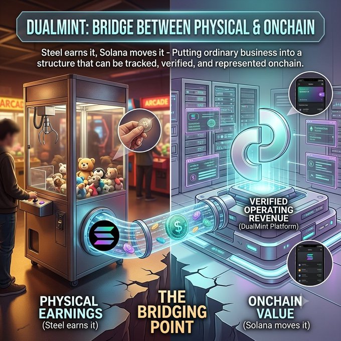 A promotional graphic titled "DUALMINT: BRIDGE BETWEEN PHYSICAL & ONCHAIN" illustrates how physical earnings from arcade claw machines connect to verified operating revenue on the Solana blockchain, emphasizing the concept of "THE BRIDGING POINT."