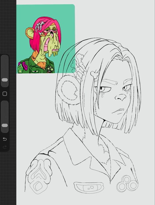 A digital art workspace showing a partially colored character reference image in the top left and a black-and-white line art sketch of a similar female character with a bob haircut on the main canvas.