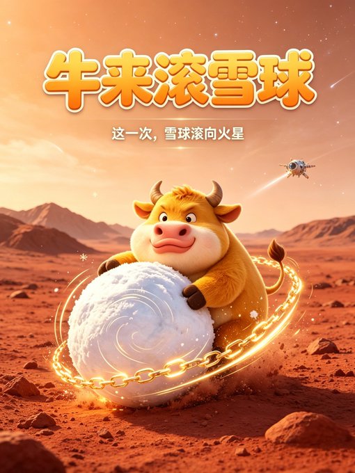 A 3D animated poster featuring a cartoon cow rolling a snowball on a Mars-like red landscape, with Chinese text reading '牛来滚雪球' (Cow Comes to Roll a Snowball) and '这一次，雪球滚向火星' (This time, the snowball rolls toward Mars).