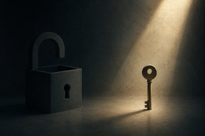 The image shows a key and a lock sitting next to each other. The key appears to be made of metal and has a hole for turning. The lock is black, with a keyhole that matches the shape of the key. They are both located on a dark surface, possibly a table or floor. In the background, there's a light source shining down from above, illuminating the scene.