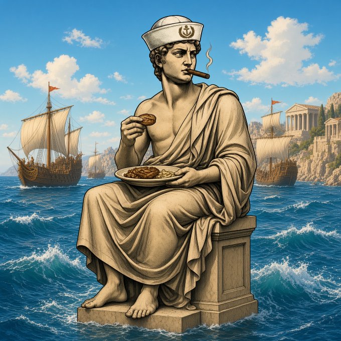 An illustration of a marble statue of a Greek or Roman figure wearing a sailor's hat, smoking a cigar and eating from a plate, set against a backdrop of sailing ships and a coastal city.
