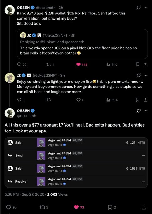 A screenshot of a social media thread with users OSSEN (@osseneth) and JZ (@JakeZ23NFT) discussing NFT trades, featuring transaction details for 'Argonaut #4554' priced in WETH and ETH.