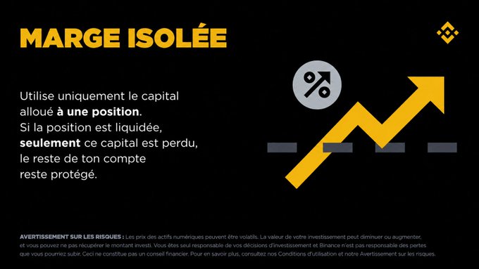 A French informational graphic titled 'MARGE ISOLÉE' explaining isolated margin in trading, with a yellow zigzag arrow graphic and Binance risk disclaimer text.