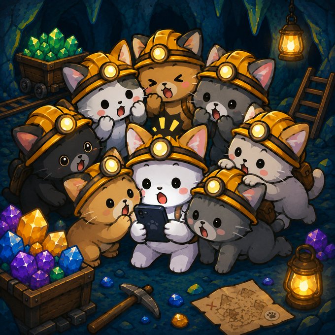 A group of cute kittens in mining helmets gather excitedly around a tablet in a gem-filled cave, with one reading the news of upcoming mine upgrades. The image visually reinforces the post's announcement of new mining slots, more miners, and the 75% $KITTY burn mechanism for miner purchases.