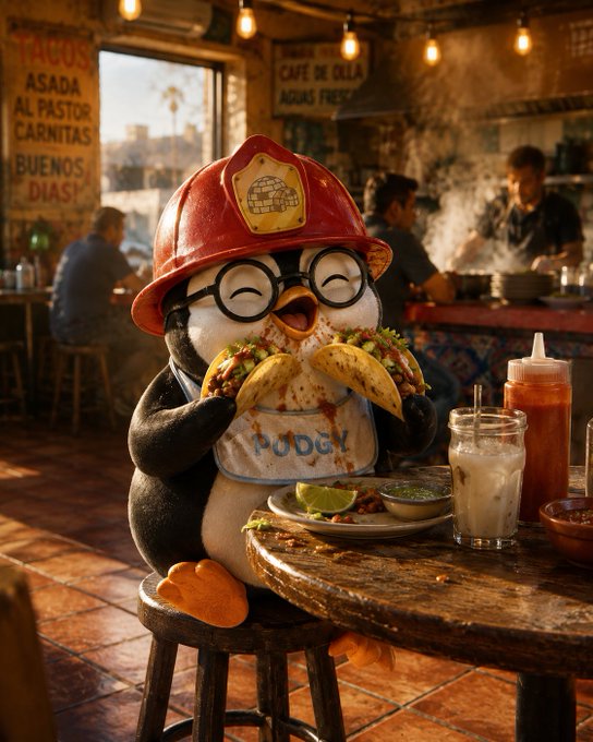 A penguin character wearing a red fire helmet and glasses eats tacos in a Mexican restaurant, wearing an apron that says 'PUDGY'.