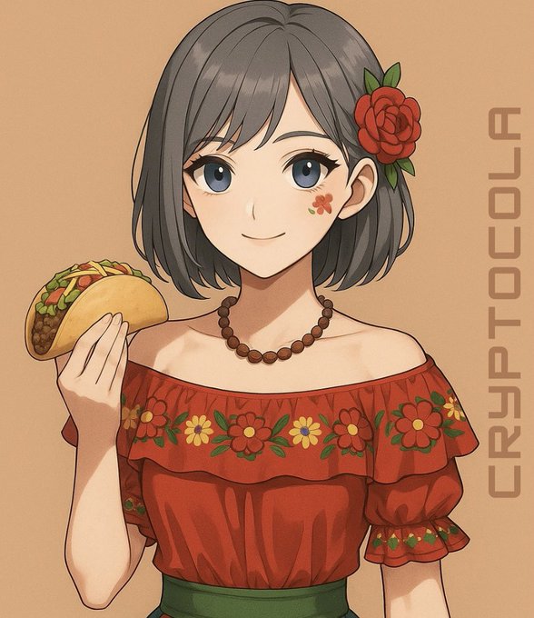 An anime-style girl with short dark hair and a red rose accessory smiles while holding a taco, wearing a traditional floral-embroidered red off-shoulder top and a wooden bead necklace. The text "CRYPTOCOLA" appears vertically on the right, with the image serving as a festive "Taco Tuesday" visual accompanying a post celebrating CNPY Network's $8.5M seed round funding announcement.
