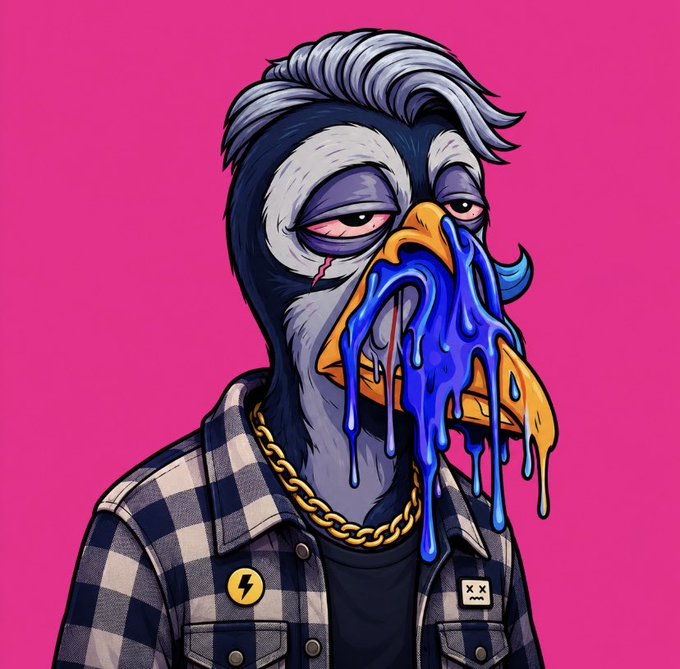 A stylized digital artwork on a bright pink background featuring an anthropomorphic penguin/duck character with grey hair, drooping eyes, a gold chain necklace, and a checkered flannel shirt, with blue liquid dripping from its orange beak.