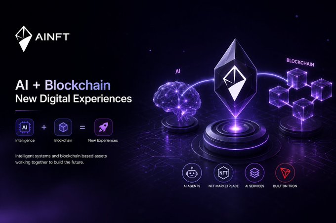 This promotional graphic for **AINFT** showcases the convergence of AI and blockchain through a purple neon visual featuring a brain icon labeled "AI," a network of cubes labeled "BLOCKCHAIN," and a central diamond logo representing their fusion. Key icons highlight **AI Agents, NFT Marketplace, AI Services, and Built on TRON**, visually reinforcing the message that intelligent systems and blockchain-based assets work together to build the future of digital experiences.