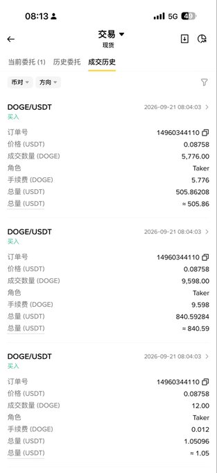 A Binance trading history screenshot in Chinese shows DOGE/USDT transaction details including prices around 0.08758 USDT and timestamps from 2026-09-21.