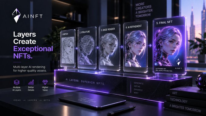 An advertisement for AINFT displays the tagline "Layers Create Exceptional NFTs" and "Multi-layer AI rendering for higher quality assets," showcasing a 5-step process: Sketch, Structure, Base Render, Refinement, and Final NFT, with "AI LAYERS. SUPERIOR NFTS." featured on the platform.