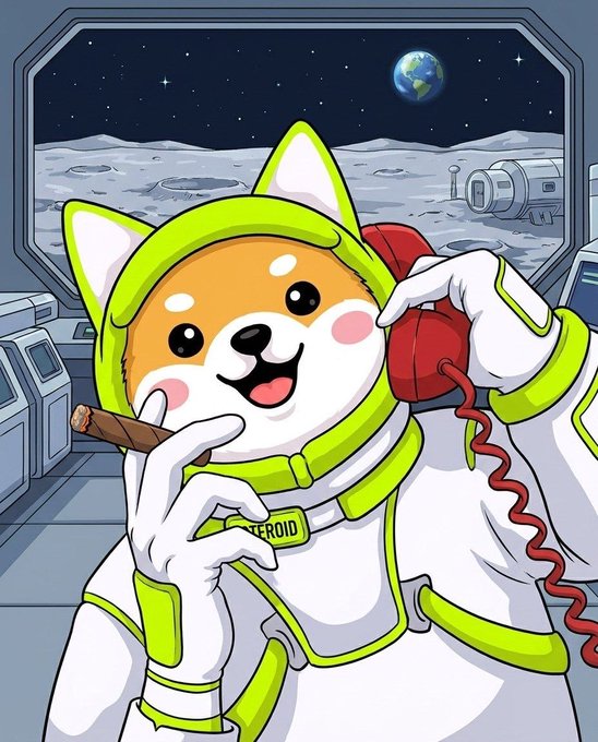 An anthropomorphic Shiba Inu in a spacesuit smokes a cigar and holds a red phone receiver on the moon, with Earth visible through the window behind it; a name tag reads "ASTROID," matching the "$ASTEROID" ticker referenced in the check-in post.