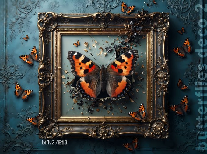 An ornate golden picture frame on a textured blue wall, with butterflies appearing to burst out of the frame, labeled 'btfiv2 / E13' and 'Butterflies deco'.