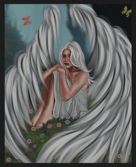 A digital painting of a white-haired woman in a white dress sitting among flowers with large, wing-like formations of hair behind her, accompanied by red and yellow butterflies.
