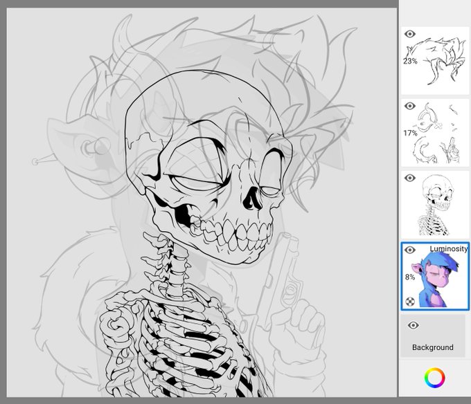 The image features a skeleton with a gun held in its hand, surrounded by various other drawings of people or animals. The skeleton appears to be wearing earrings and holding a necklace. The background shows a cartoon-like drawing of a person's face, possibly indicating that this is an art contest entry. The post also mentions the use of pfp GoatsOfSolana for entering the contest.