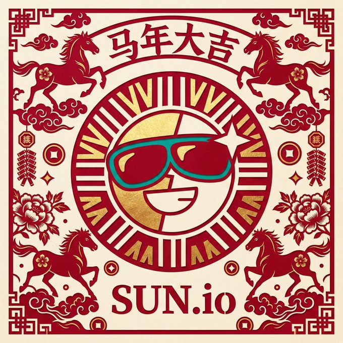 A decorative Chinese New Year-style paper-cut artwork featuring horses, clouds, and peonies in red and gold, with the text 'SUN.io' at the bottom and Chinese characters reading '马年大吉' (Year of the Horse) at the top.