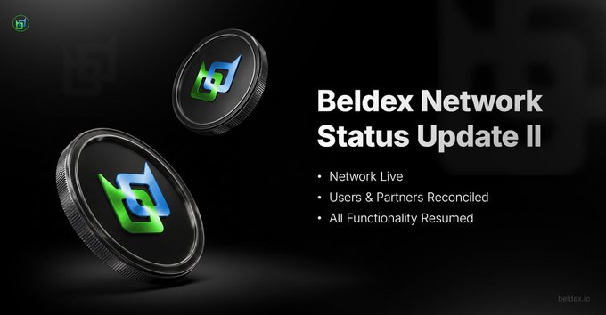 The image is a promotional graphic titled "Beldex Network Status Update II" displaying the Beldex logo (a stylized "d" on a coin) and listing three bullet points: "Network Live," "Users & Partners Reconciled," and "All Functionality Resumed," along with "beldex.io" branding. It relates to the post by signaling that the Beldex (BDX) network — which masternode operators secure and earn rewards from — has been fully restored and is operating as intended.