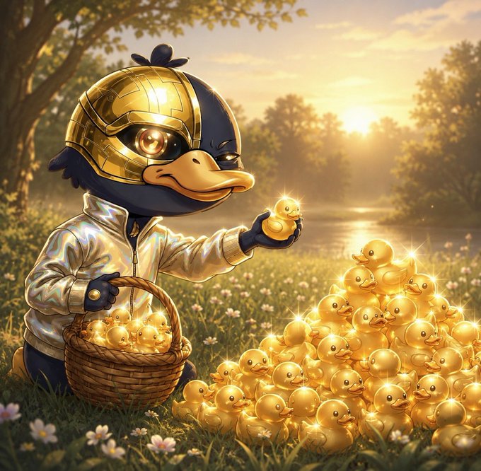 The image features a cartoon duck character wearing a gold helmet, surrounded by a large pile of golden ducks. The ducks appear to be floating or swimming around the cartoon duck, creating an interesting scene that captures attention. The post seems to be related to Quackers weekend or a similar event where people share their daily wins with others. It encourages viewers to appreciate and celebrate small victories in life, just like the cartoon duck character's achievement of having a large pile of golden ducks.