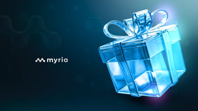 The image features the Myria logo alongside a glowing, translucent blue gift box adorned with a ribbon, symbolizing the rewards aspect mentioned in the post. This visual aligns with Myria's Leaderboard toolkit, emphasizing the automatic distribution of blockchain asset rewards to top performers.