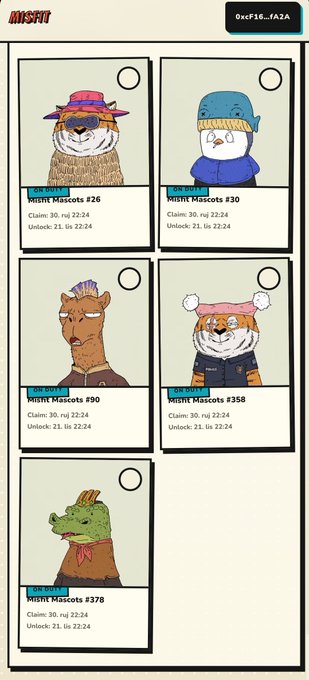 A webpage displaying a grid of cartoon animal NFT profiles on MISFIT, including a bear, a bird, a horse, a tiger, and a crocodile, each labeled with token numbers and unlock dates.