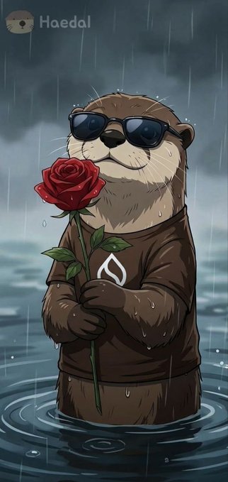 An illustrated otter wearing sunglasses and a t-shirt stands in water during a rainstorm, holding a red rose, with a small 'Haedal' logo visible in the corner.