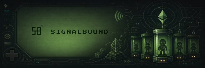 The image is a promotional banner for "SIGNALBOUND," featuring a pixel-art style design with an Ethereum logo, character capsules, and circuit board motifs on a dark green background, visually representing the concept of on-chain NFT agents that can interact with humans, as described in the post.