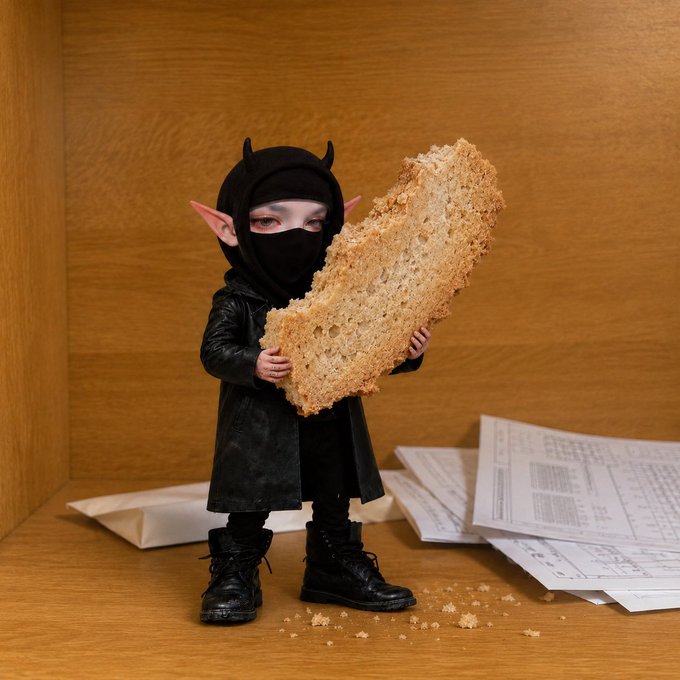 A small doll dressed in a black hooded cloak with devil horns, pointy ears, and a face mask clutches an oversized piece of bread while standing on a wooden surface scattered with receipts. The image humorously illustrates the post's joke, where the "masked figure" (likely referencing a crypto scammer or hacker) isn't hunting for seed phrases but simply searching for food—blaming the need on not having $8 in "Ansem" (likely a misspelling or playful reference to "ANSEM," a meme figure in the Solana crypto community).
