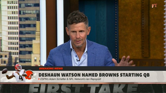 ESPN's Dan Orlovsky appears on First Take to react to breaking news that Deshaun Watson has been named the Browns' starting QB, expressing shock and sympathy for Cleveland fans. The lower-third graphic displays the headline "DESHAUN WATSON NAMED BROWNS STARTING QB" with attribution to ESPN's Adam Schefter and NFL Network's Ian Rapoport.