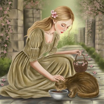 A whimsical illustration of a woman in a green dress feeding a brown cat from a bowl while holding a basket in a flower-lined garden.