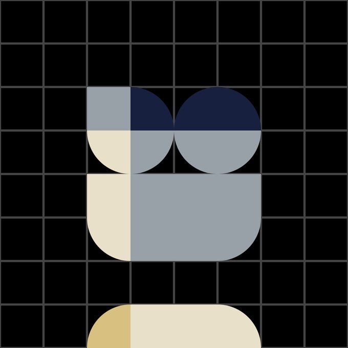 Abstract minimalist design of a rounded figure with a cream and grey color scheme on a black grid background.