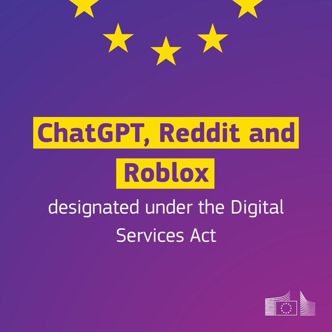 A graphic with the EU flag stars and text announcing 'ChatGPT, Reddit and Roblox designated under the Digital Services Act'.