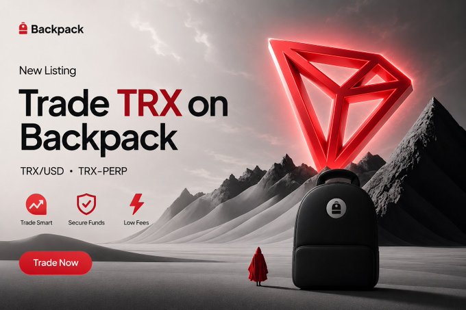 A promotional banner for Backpack exchange announces a new TRX listing, featuring a large red Tron (TRX) logo floating above a black backpack in a dramatic mountainous landscape, with the headline "Trade TRX on Backpack" and support for both TRX/USD and TRX-PERP trading pairs.

The image visually reinforces the post's announcement of TRX going live on Backpack, highlighting key selling points like "Trade Smart," "Secure Funds," and "Low Fees" to attract traders to the newly available spot and perpetual markets.