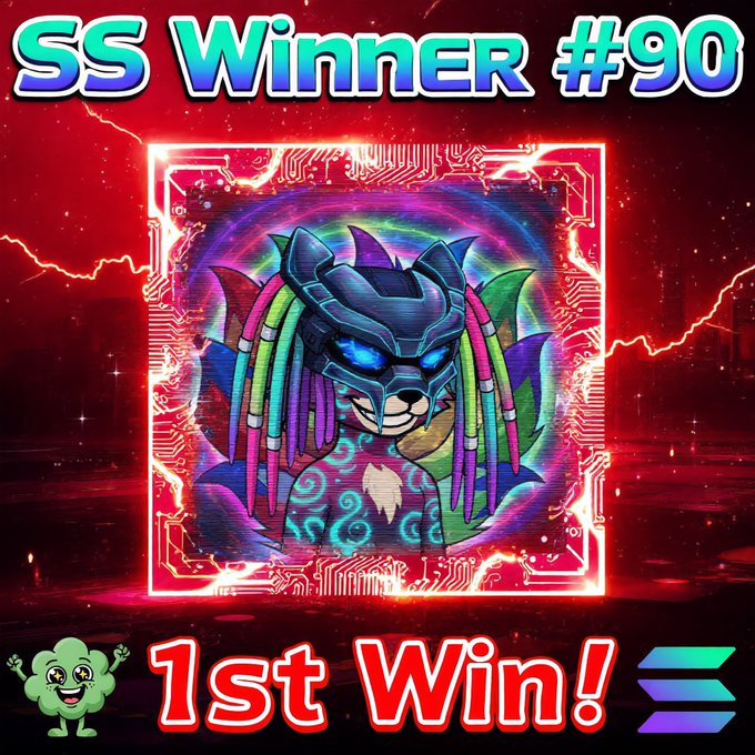 A vibrant digital graphic announces "SS Winner #90" and "1st Win!" at the top and bottom, featuring a colorful cartoon character wearing a futuristic metallic mask with multicolored dreadlocks inside a glowing red circuit-board frame, celebrating user @tweetsbyaeeyo as the Day 90 Smurf Spotlight V2 winner.