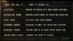 A humorous chart contrasts stock trading slang with their literal meanings, such as 'Leverage' as 'hooking the meeting on a young nobody confirmed' and 'Stop Loss' as 'the diet that starts Monday.'