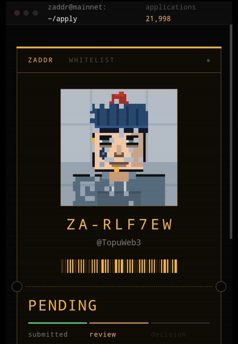 A 'ZADDR WHITELIST' application interface shows a pixel-art character, the code 'ZA-RLF7EW', the handle '@TopuWeb3', and a status bar reading 'PENDING' between 'submitted' and 'review'.