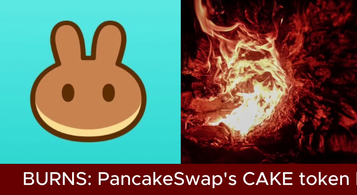 The image shows a cartoon rabbit head next to an actual fire. The rabbit head represents PancakeSwap's token burn, while the fire symbolizes the loss of tokens due to the burn. The text above the rabbit head reads "Burns: PancakeSwap's Cake token burned around 747,000 $CAKE worth of tokens removed forever from supply. Only 658,000 tokens were minted".