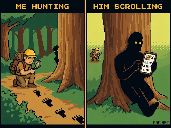A pixel art split image labeled "ME HUNTING" shows a person with a magnifying glass tracking Bigfoot footprints, while "HIM SCROLLING" depicts Bigfoot looking at a phone with an X profile, signed "FAM ART." The cartoon humorously visualizes the poster's contrast between actively searching for Zcash NFT projects and passively scrolling through social media to find new ones to "hunt."