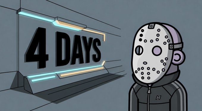 A cartoon illustration of a character wearing a hockey-style mask and a dark tracksuit with an 'N' logo, standing next to a sign reading '4 DAYS'.